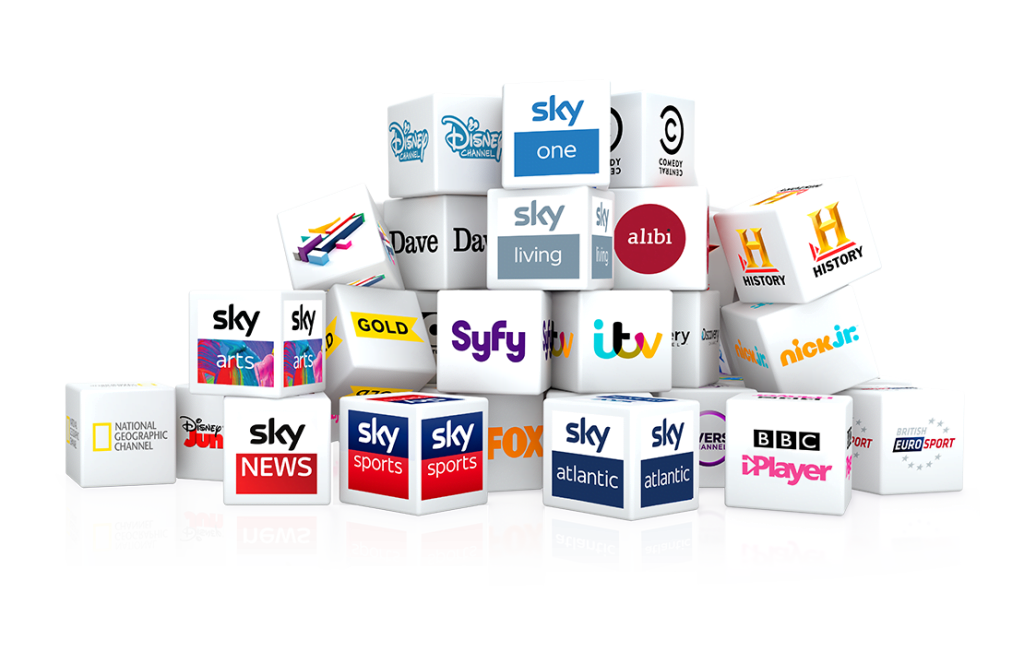 Collection of cubes with various network logos, representing the wide range of channels and content available with Oneclicktv's IPTV service.