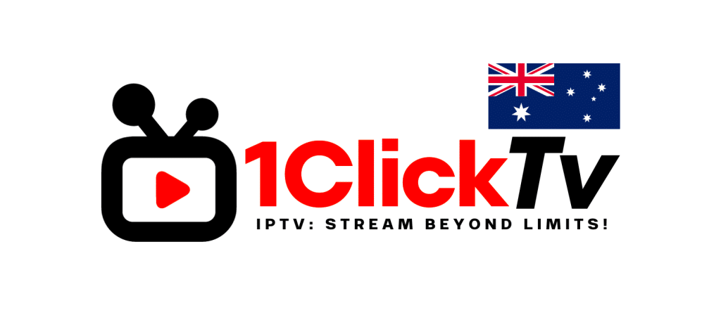 1ClickTV:s logotyp visar en stiliserad svart tv-apparat med antenn och röd play-knapp, bredvid den feta röda texten "1ClickTV" och sloganen "IPTV: STREAM BEYOND LIMITS!" med en australisk flagga i det övre högra hörnet, som representerar den bästa IPTV-tjänsten i Australien