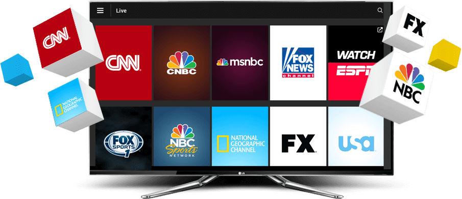 Flat-screen television displaying a colorful array of channel logos such as CNN, CNBC, MSNBC, Fox News, ESPN, NBC, National Geographic Channel, FX, and USA Network on a user-friendly interface, symbolizing the diverse streaming options available through 1Clicktv as The Best IPTV in Australia.