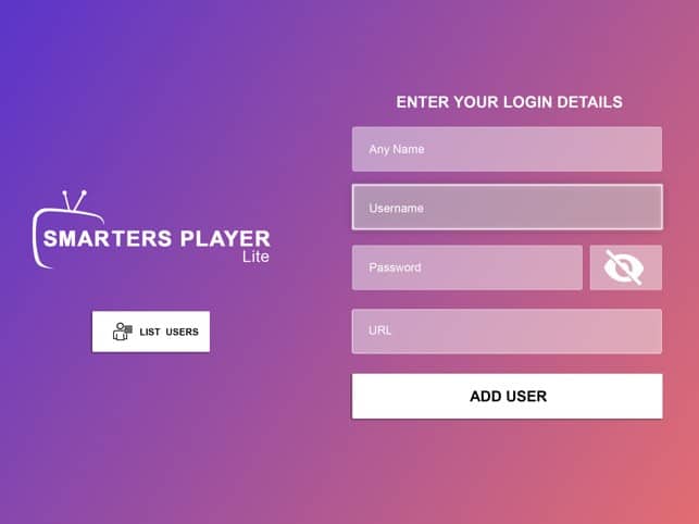 Inloggningsgränssnitt för IPTV Smarters Pro-applikationen mot en lila bakgrund med gradient. På skärmen uppmanas du att "Ange dina inloggningsuppgifter" med fält för "valfritt namn", "användarnamn", "lösenord" och en URL-platshållare. Under inloggningsfälten finns två knappar: "CONNECT VPN" och "LIST USERS", och en större "ADD USER"-knapp längst ner. IPTV Smarters Pro-logotypen är synlig i det övre vänstra hörnet.