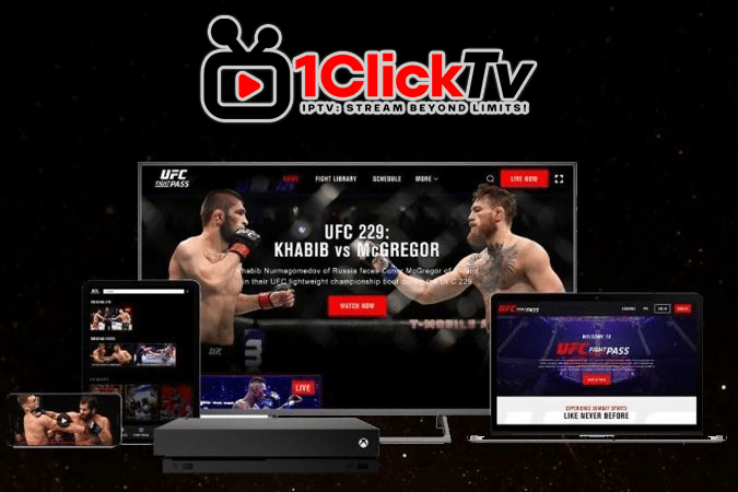 1ClickTv IPTV service banner showcasing UFC 229: Khabib vs McGregor streaming on multiple devices, offering over 18,000 channels and 60,000 VODs from top networks like ESPN, Fox Sports, UFC, TNT Sports, RMC Sport, beIN Sports, Sky Sport, and DAZN. Supports various resolutions from 480p SD to 4K Ultra HD and is compatible with all devices including Apple TV, Mac & PC, LG Smart TV, Samsung Smart TV, Apple devices, Android devices, and IPTV decoders. Subscription options available with support for payment via Visa, MasterCard, PayPal, and Payoneer. Visit www.oneclicktv.net for more details. Keywords: IPTV service, best IPTV, service provider, subscription, IPTV service provider, best IPTV services, 2024, best IPTV service provider, top IPTV, top IPTV service.