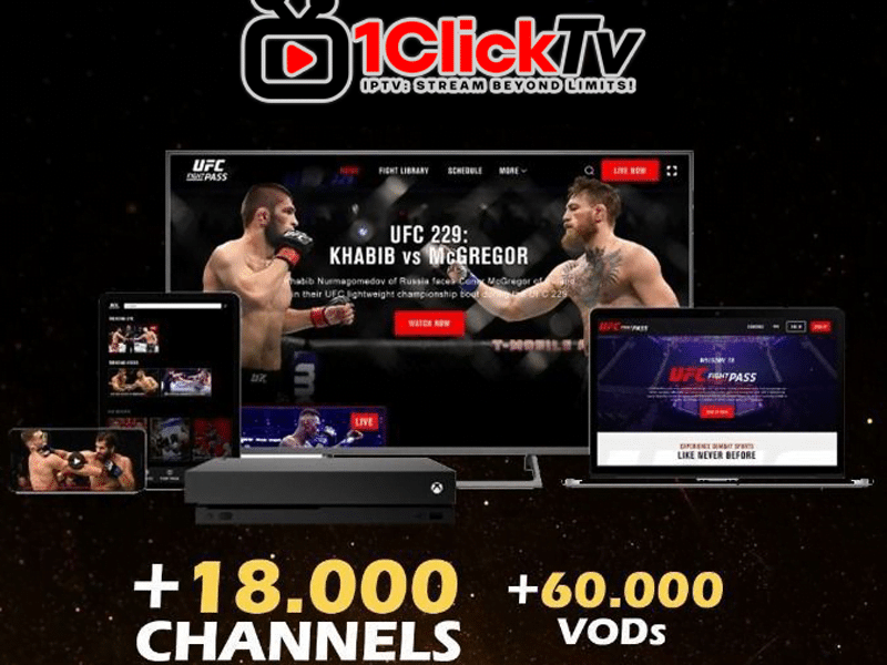 1ClickTv IPTV service banner showcasing UFC 229: Khabib vs McGregor streaming on multiple devices, offering over 18,000 channels and 60,000 VODs from top networks like ESPN, Fox Sports, UFC, TNT Sports, RMC Sport, beIN Sports, Sky Sport, and DAZN. Supports various resolutions from 480p SD to 4K Ultra HD and is compatible with all devices including Apple TV, Mac & PC, LG Smart TV, Samsung Smart TV, Apple devices, Android devices, and IPTV decoders. Subscription options available with support for payment via Visa, MasterCard, PayPal, and Payoneer. Visit www.oneclicktv.net for more details. Keywords: IPTV service, best IPTV, service provider, subscription, IPTV service provider, best IPTV services, 2024, best IPTV service provider, top IPTV, top IPTV service.