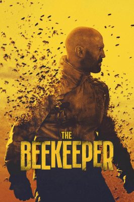 Dramatisches Filmplakat mit einer Figur, die von einem Bienenschwarm umgeben ist, vor einem gelben Hintergrund mit dem Titel "The Beekeeper", der für die spannenden Erzählungen steht, die auf Oneclicktv verfügbar sind