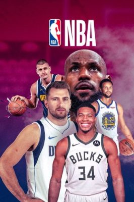 Collage di stelle del basket NBA con le maglie delle loro squadre e il logo NBA in alto, per evidenziare le trasmissioni sportive in alta definizione accessibili con il servizio IPTV 4K di Oneclicktv.