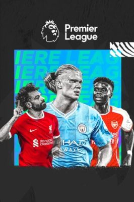 Graphique promotionnel pour la Premier League représentant trois joueurs de football aux couleurs du club, symbolisant le contenu sportif riche en action disponible sur la télévision IP 4K de Oneclicktv.